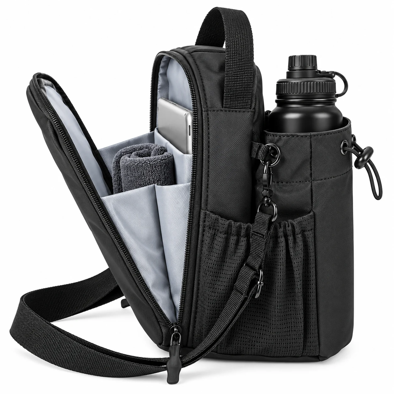 Bolsa Portabotella Gym negra con compartimentos