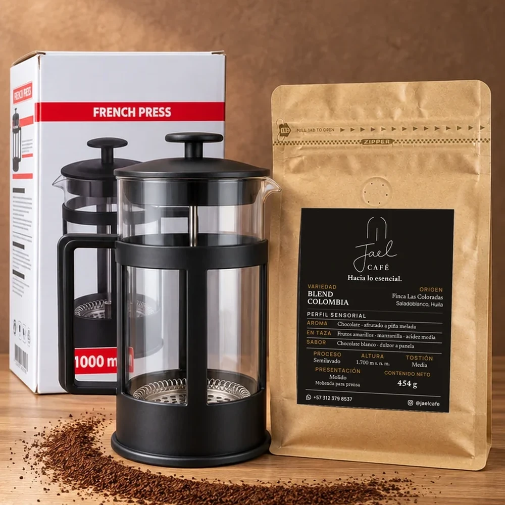 Kit con prensa francesa y café de especialidad del Huila